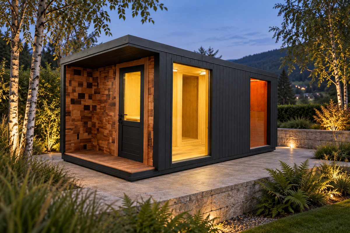 Gartensauna im Abendlicht
