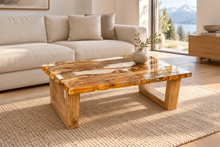 Wohnraumillustration mit einem Couchtisch aus Holz und transparentem Epoxidharz