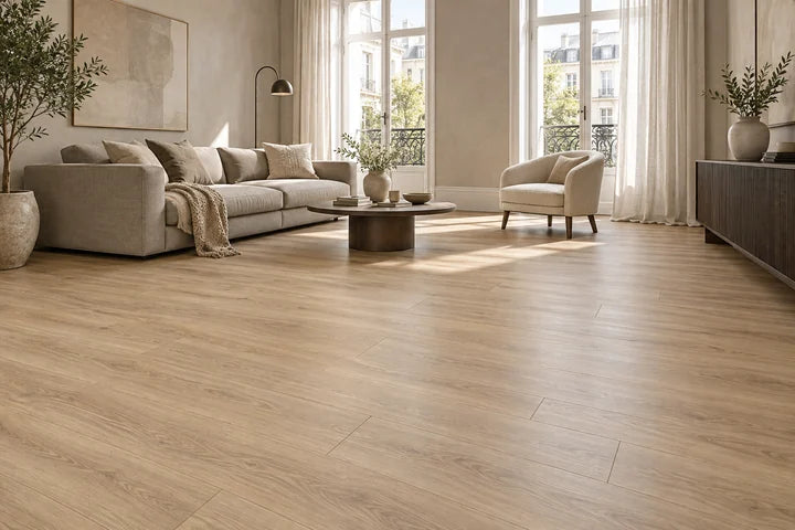 Helle Wohnraumillustration mit Laminat in ruhiger Eichenoptik