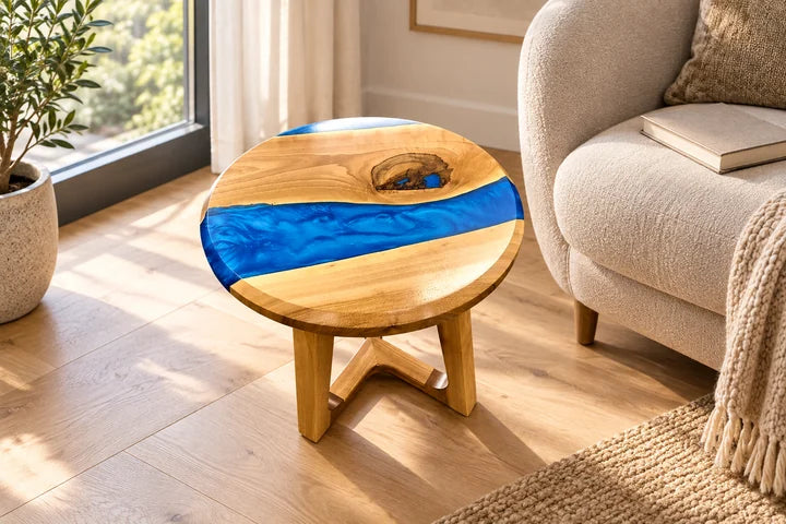 Wohnraumillustration mit rundem Beistelltisch aus Holz und blauem Epoxidharz